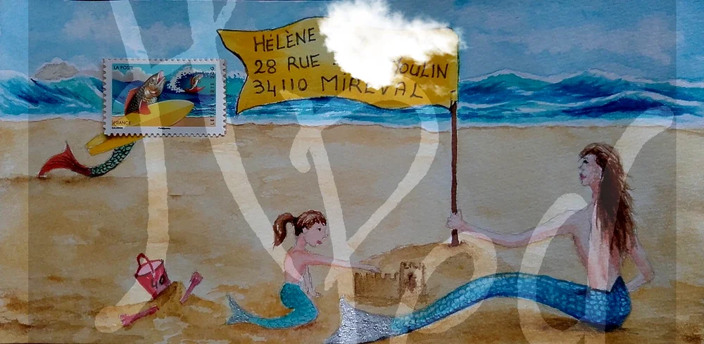 Art Postal Sirènes et poissons-surfeurs à la plage
