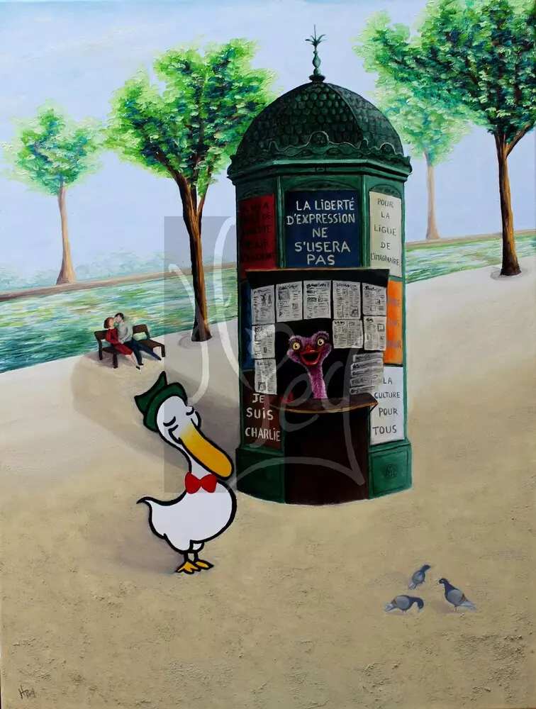 Autruche vendant des journaux dans un kiosque, à coté du canard enchainé 